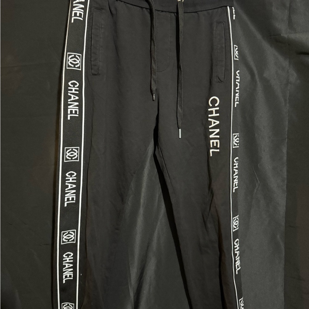CHANEL Black Sweatpants with White Side Stripes